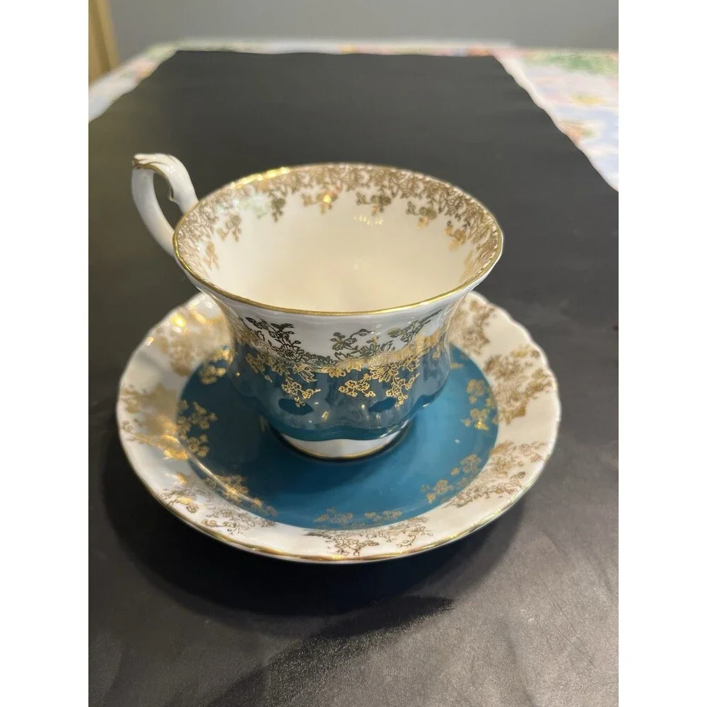 Royal Albert Regal Series Teal Blue w Gold Accents Tea Cup & Saucer Set England
